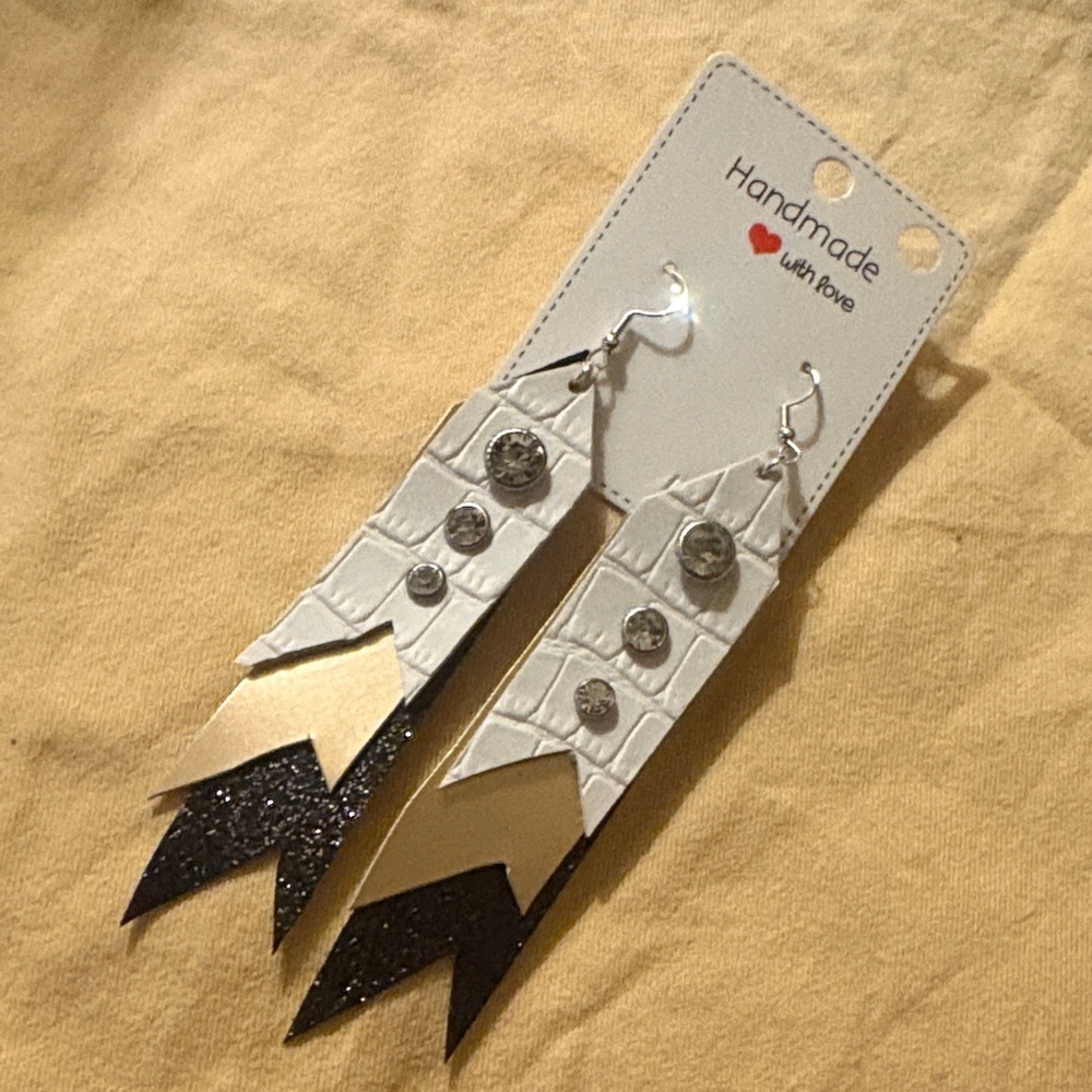 Handmade White Croc, Gold, & Black Studded Ribbon Earrings